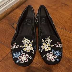 Tory Burch Embroidered Floral Black Loafers